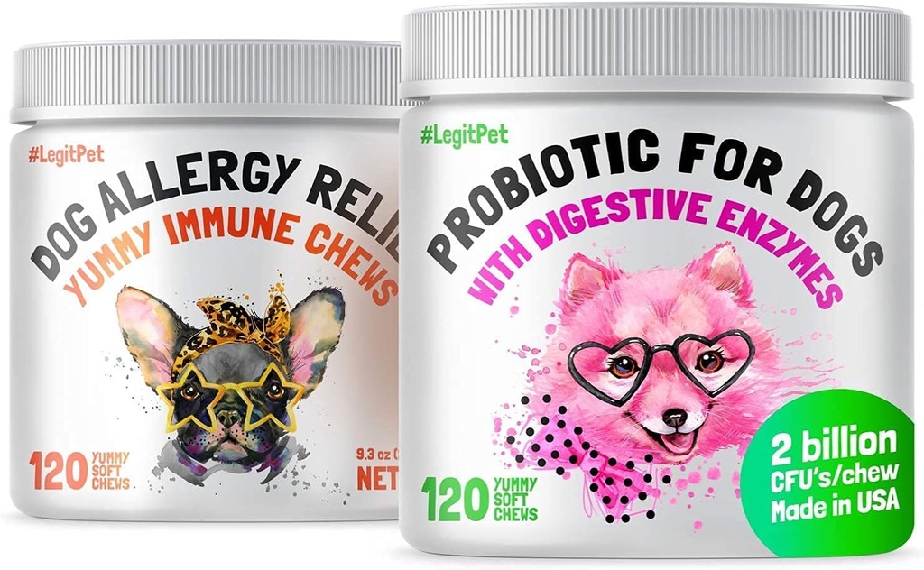 LEGITPET Allergy Relief Chews for Dogs & Immune Support with Kelp, Colostrum & Bee Pollen 120 Μαλακά μάσημα και προβιοτικά για σκύλους με φυσικά Digestive Ένζυμα 120 Μαλακά μάσημα - Κατασκευασμένο στις ΗΠΑ