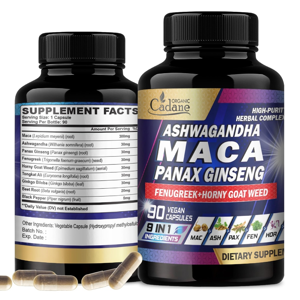 Βιολογικό Cadane Maca Root, Ashwagandha, συμπλήρωμα Panax Ginseng - 90 κάψουλες 3 μήνες με Fenugreek, Tongkat Ali & More - Υποστήριξη Παραγωγής Ενέργειας & Ανοσίας