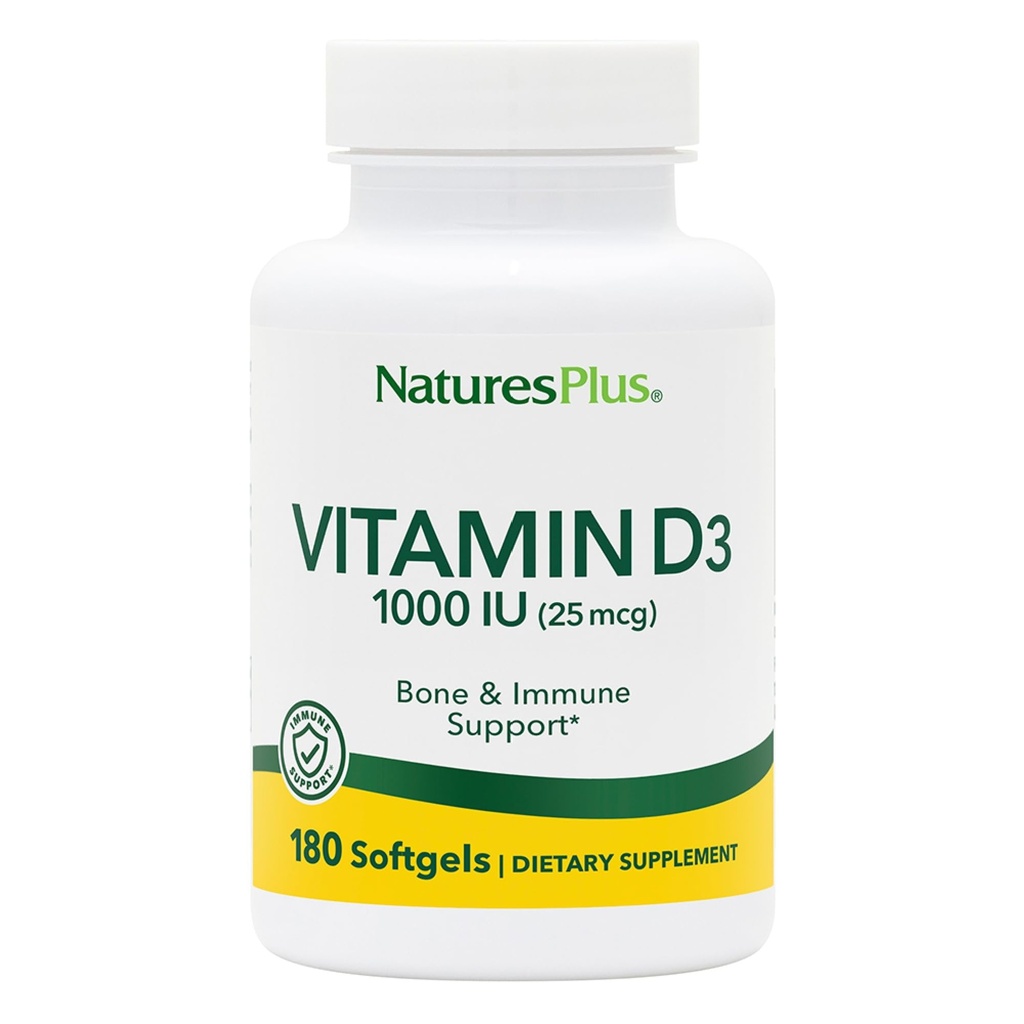 Natures Plus Vitamin D3 (Cholecalciferol) - 1000 iu, 180 Softgels - Διατροφική Υποστήριξη για υγιή οστά & ανοσοποιητικό σύστημα Υποστήριξη - Βιοδιαθέσιμη μορφή - Χωρίς γλουτένη - 180 Σερβιέτες