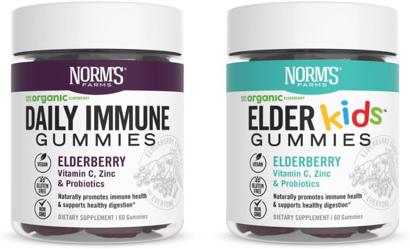 Norm's Farms Daily Immune and ElderKids Elderberry Gummies - Βιταμίνη C, Ψευδάργυρος & Προβιοτικά - Vegan, Gluten Free, Kosher, Non-GMO - 120 Gummies