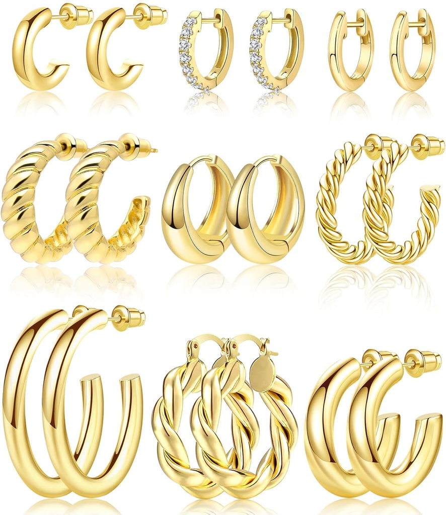 Adoyi 9 Pairs Gold Hoop Σκουλαρίκια για γυναίκες Twisted Huggie Hoops Σκουλαρίκια 14K 18K Gold Plated for Girls Valentines Ημέρα της μητέρας δώρα ελαφρύ βάρος
