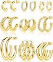 Adoyi 9 Pairs Gold Hoop Σκουλαρίκια για γυναίκες Twisted Huggie Hoops Σκουλαρίκια 14K 18K Gold Plated for Girls Valentines Ημέρα της μητέρας δώρα ελαφρύ βάρος