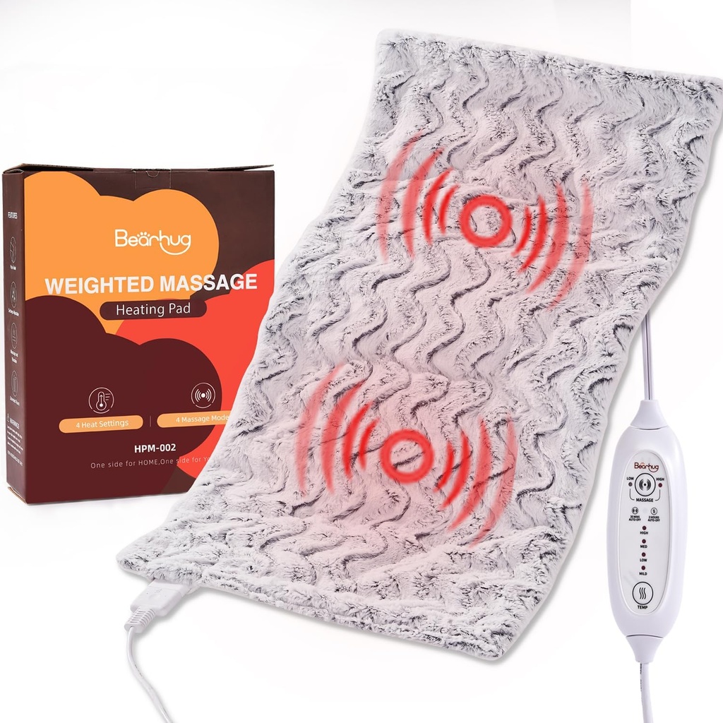 Bearhug XXL Weighted Heating Pad 17x33 (5.42LB) - Double-Sided Faux Fur, 4 Massage Modes, 4 Heat Settings, 2H Auto-Off, Heating Pad for Back Pain Relief, Vibrating Heated Pad, Great Gift