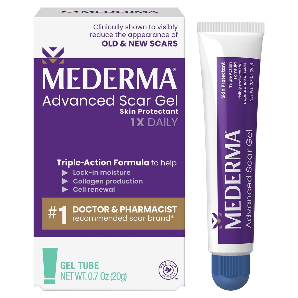 Mederma Advanced Scar Gel - Treats Old & New Scars, Μειώνει την εμφάνιση των ουλών από την ακμή, Χειρουργική, Burns, Τραύμα & Stretch Marks, 0.70 Oz (20g)