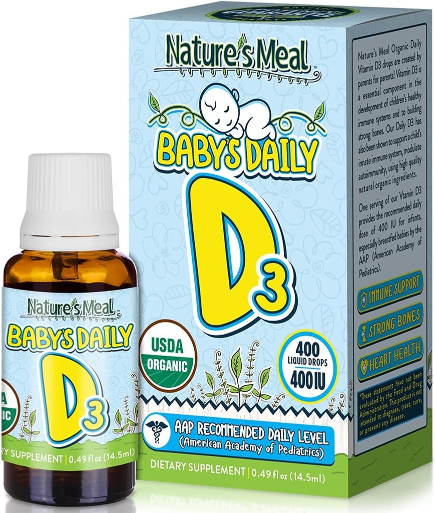 Nature's Meal - Vitamin D Drops for Infants, Baby Vitamin D Drops for Immune System, Heart Health, and Bone Health, Liquid Vitamin D with Vitamin D3 400 IU per Serving, Unflavored, 14.5 ml