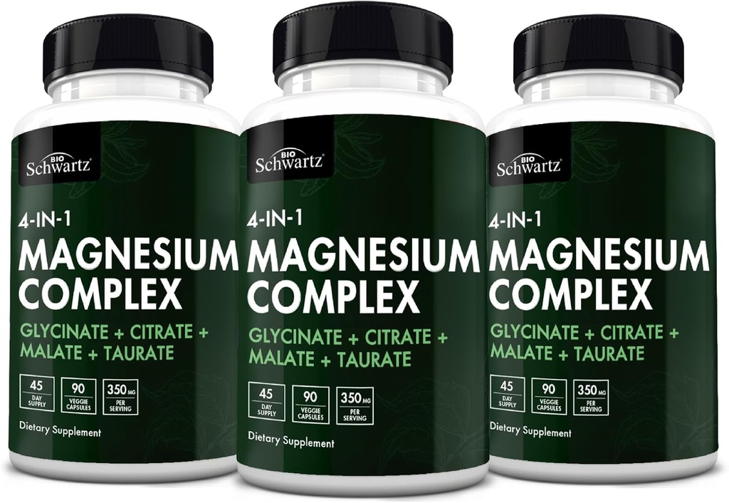BioSchwartz Magnesium Complex Supplement (3 Pack) 350mg Μαγνήσιο Γλυκινικό Κιτρικό Κακό και Ταυρικό Ανά υπηρεσία για υγιή νεύρα Μυς Υποστήριξη για τον Ύπνο της Καρδιάς (Vegan, Χωρίς Γλουτένη, Μη ΓΤΟ)