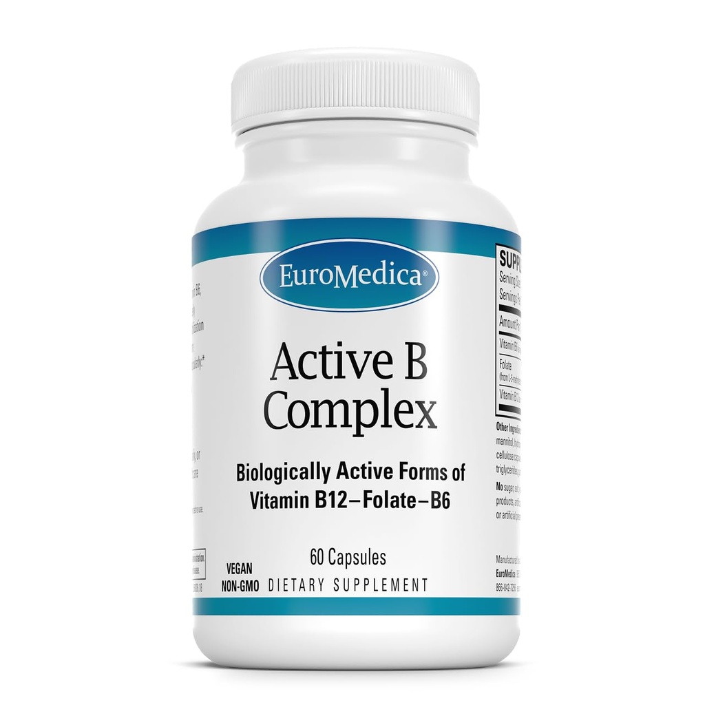 EuroMedica Active B Complex - Συμπλήρωμα για να βοηθήσει την υγεία της καρδιάς με βιοενεργές βιταμίνες Β - Συμπλήρωμα με φολικό & ασβέστιο - B Complex Κάψουλες για να βοηθήσει την υγεία & λειτουργία του νευρικού συστήματος - 60 κάψουλες