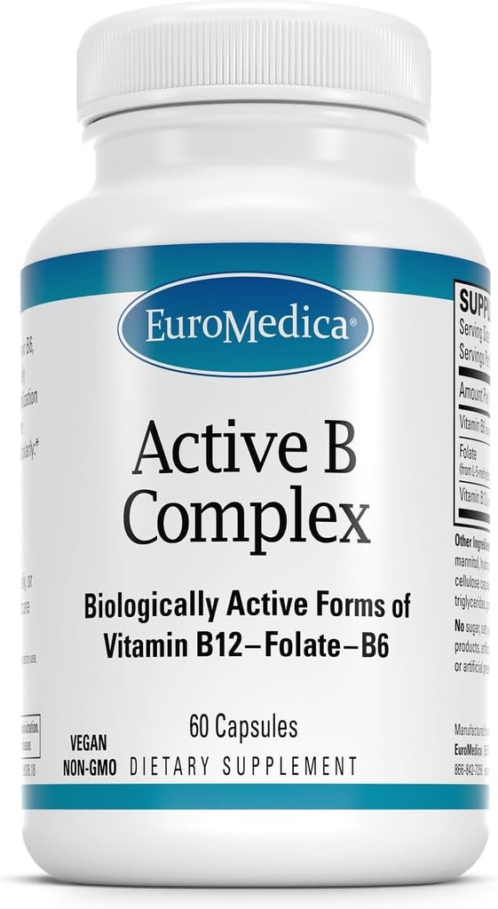 EuroMedica Active B Complex - Supplement to Aid Heart Health with Bioactive B Vitamins - Supplement with Folate & Calcium - B Complex Capsules to Aid Nervous System Health & Function - 60 Capsules