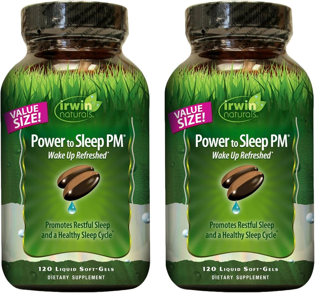 Irwin Naturals Power to Sleep PM - 120 Liquid Soft-Gels, Pack of 2 - with Melatonin, GABA, Ashwagandha, Valerian Root & L-Theanine - 120 Total Services