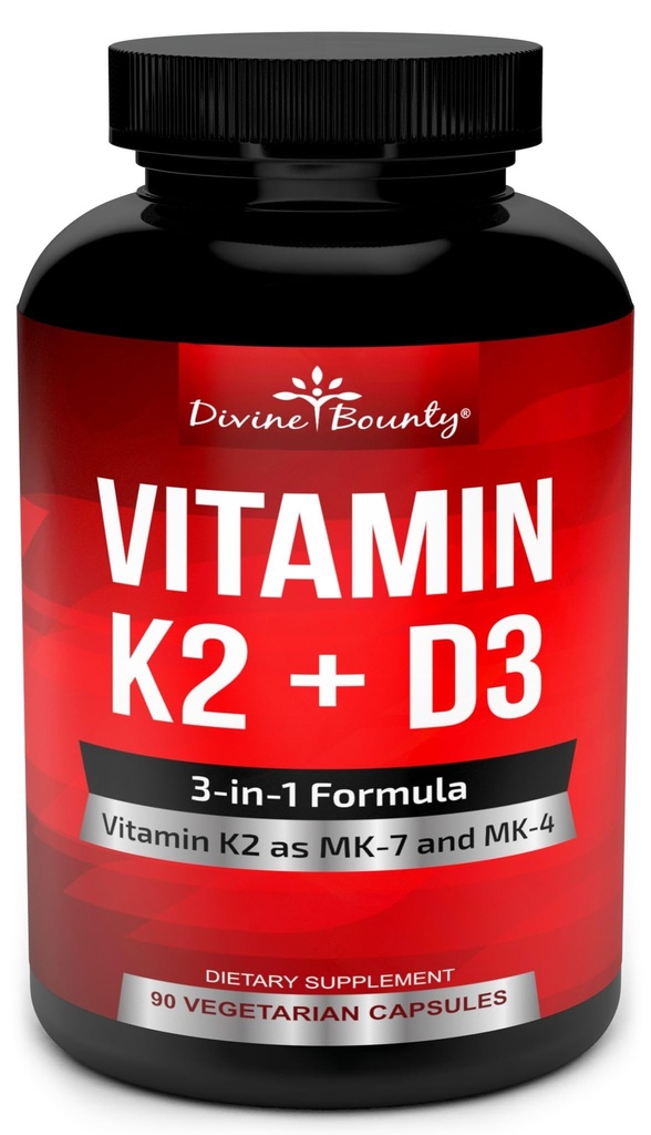 Divine Bounty Vitamin K2 (MK7 & MK4) with D3 Supplement - Vitamin K & D as MK-7 100mcg, MK-4 500mcg, and 5000 IU Vitamin D3 3-in-1 Formula - Bone and Heart Support - 90 Non-GMO Vegetarian Capsules