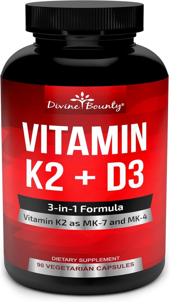 Vitamin K2 (MK7 & MK4) with D3 Supplement - Vitamin K & D as MK-7 100mcg, MK-4 500mcg, and 5000 IU Vitamin D3 3-in-1 Formula - Bone and Heart Support - 90 Non-GMO Vegetarian Capsules