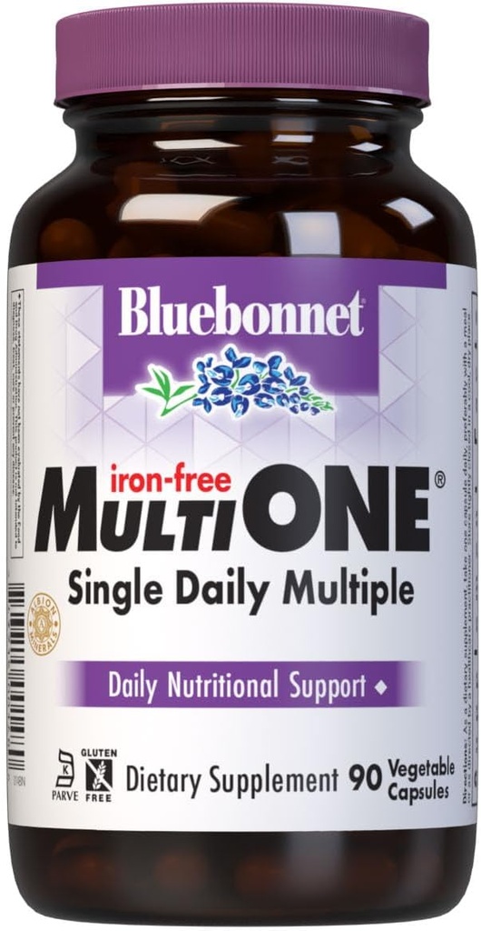 Bluebonnet Nutrition Multi One (Iron Free) Κάψουλες λαχανικών, Complete Full Spectrum Multiple, Β Βιταμίνες, Γενική Υγεία, Γλουτένη & Γάλα Δωρεάν, Kosher, 3 μήνες προσφοράς, Λευκό, 90 Count