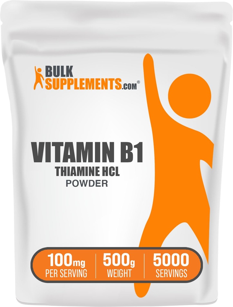 BulkSupplements Thiamine HCl Κόνις - Υδροχλωρική θειαμίνη, B1 Βιταμίνες, Συμπλήρωμα θειαμίνης Β1, Thiamine 100mg - Χωρίς γλουτένη, 100mg ανά Σερβίρισμα, 500g (1.1 lbs) (Συσκευασία των 1)