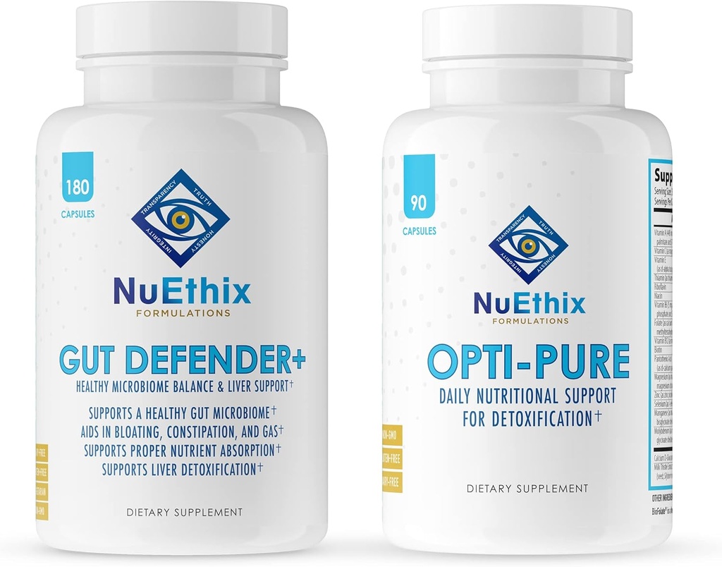 NuEthix Formulations Detoxification and Microbiome Balance Supplement Bundle of Opti-Pure, 30 Services and Gut Defender+, 90 Services