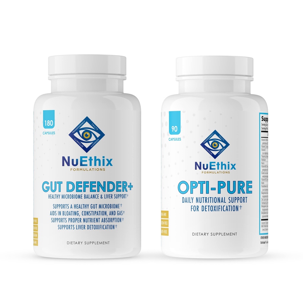 NuEthix Formulations Detoxification and Microbiome Balance Supplement Bundle of Opti-Pure, 30 Services and Gut Defender+, 90 Services