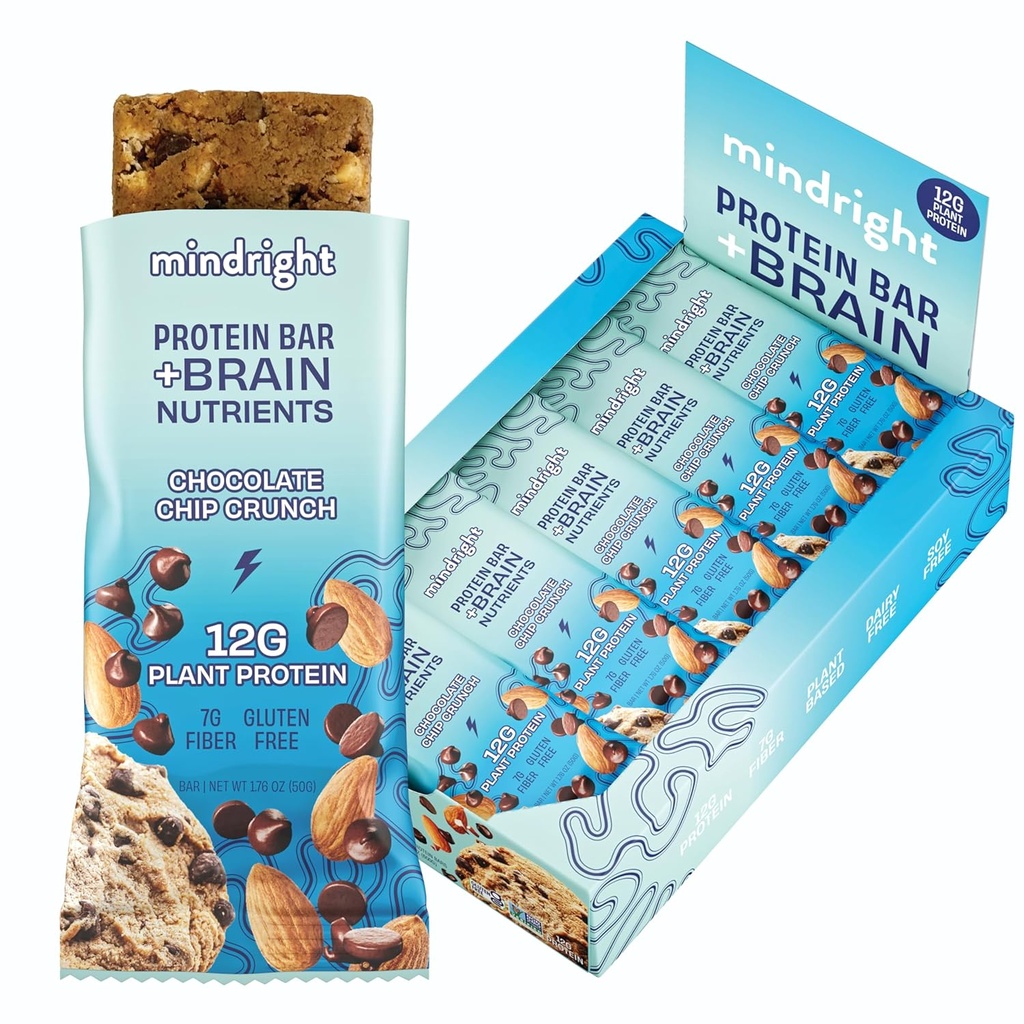 Mindright Superfood Vegan Protein Bar - Χωρίς γλουτένη, μη gmo, χαμηλή ζάχαρη - Brain Food Snack to Enhance Mood, Energy, and Focus - Συσκευασία των 12 (Chocolate Chip Crunch)