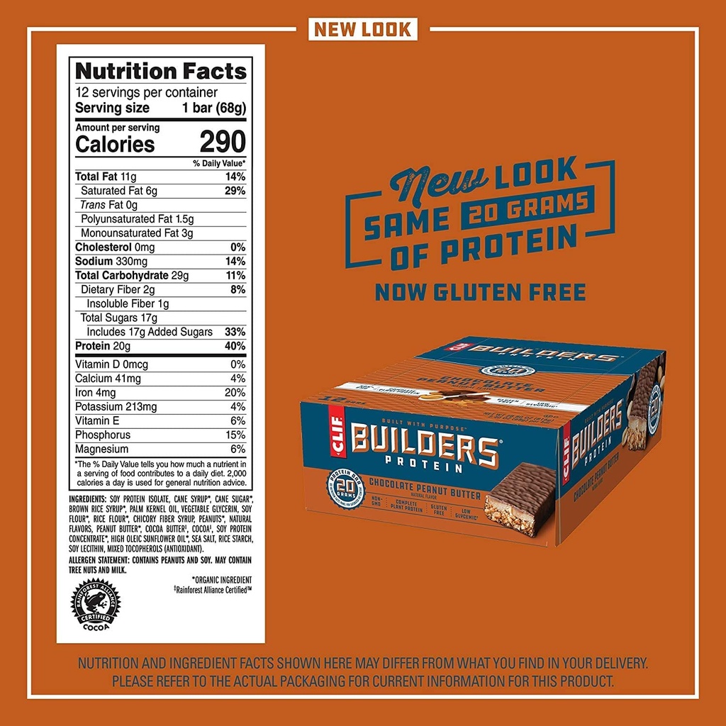 CLIF BUILDERS - Protein Bars - Σοκολάτα Φυστικοβούτυρο Γεύση - 20g πρωτεΐνη (2,4 ουγγιά, 12 κόμης) (τώρα χωρίς γλουτένη)