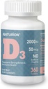 Βιταμίνη D3 2000iu (50 mcg) 1-Ετήσιος εφοδιασμός για την υποστήριξη του ανοσοποιητικού, Υγιεινή λειτουργία των μυών, και την υγεία των οστών - Μη ΓΤΟ, Χωρίς γλουτένη, με βιταμίνη B2 - (Mini δισκία), 360 κόμης