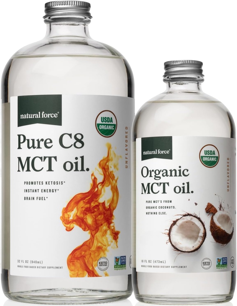 Φυσική δύναμη καθαρό C8 + οργανικό πλήρες φάσμα MCT Έλαιο – USDA Organic, Non GMO, 100% καθαρό MCT καρύδας – Κέτο, Παλαιό, Vegan, και Kosher – 32 Oz & 16 Oz γυάλινα μπουκάλια