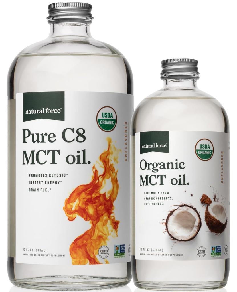 Natural Force Organic Pure C8 + Organic Full Spectrum MCT Oil – USDA Organic, Non GMO, 100% Pure Coconut MCTs – Keto, Paleo, Vegan, and Kosher – 32 Oz & 16 Oz Glass Bottles