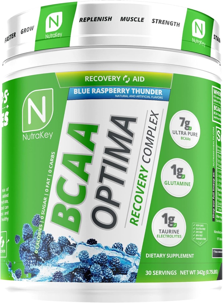NutraKey BCAA Optima μετά το συγκρότημα αποκατάστασης προπόνησης, χωρίς ζάχαρη, χωρίς υδατάνθρακες, βοήθεια αποκατάστασης, μπλε σμέουρο
