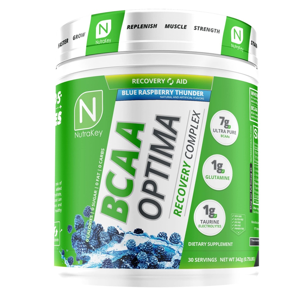 NutraKey BCAA Optima μετά το συγκρότημα αποκατάστασης προπόνησης, χωρίς ζάχαρη, χωρίς υδατάνθρακες, βοήθεια αποκατάστασης, μπλε σμέουρο