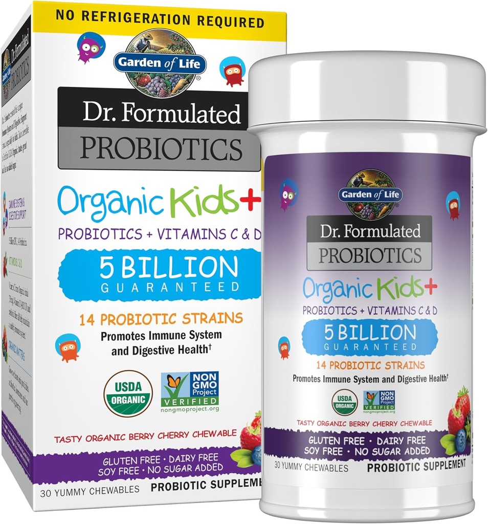 Κήπος της Ζωής Dr. Formulated Probiotics Organic Kids+ συν βιταμίνη C & D - Berry Cherry - Γλουτένη, Γαλακτοκομικά & χωρίς σόγια συμπλήρωμα υγείας, Δεν Προστέθηκε ζάχαρη, 30 Μασώμενα (Self Stable)