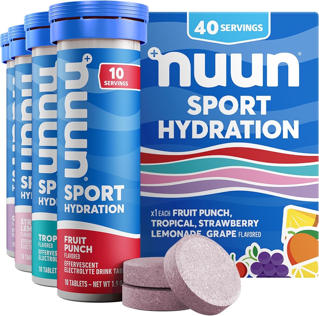 Nuun Sport Ηλεκτρολυτικά Δισκία με Μαγνήσιο, Ασβέστιο, Κάλιο, Χλωριούχο & Νάτριο, Χωρίς Γλουτένη & Vegan, Μικτές Γεύσεις, 4 Συσκευασία (40 Μερίδες Σύνολο)
