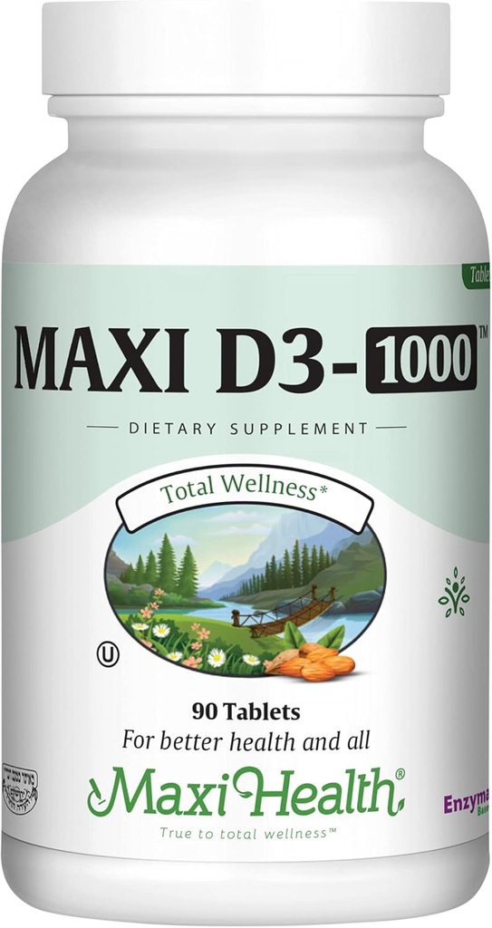 Maxi Health Vitamin D3 1000 IU Συμπλήρωμα διατροφής - Εύκολο στην κατάποση - Άοσμη & Άγευστη - Υποστηρίζει την Απορρόφηση ασβεστίου, την Ανοσοποιητική Υγεία και την Υγεία των Οστών σε Ενήλικες γυναίκες & άνδρες - 90 δισκία