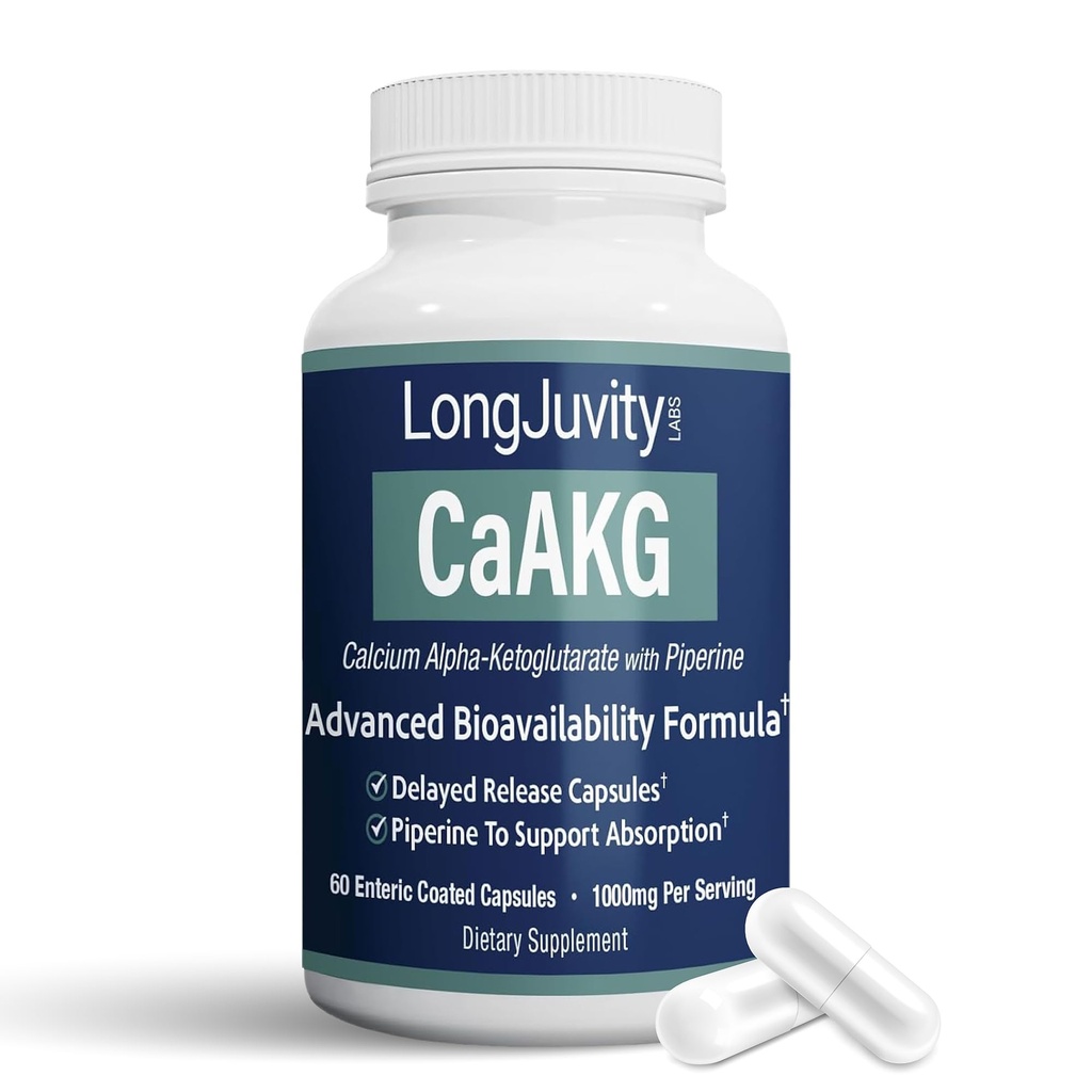 LongJuvity Calcium Alpha-Ketoglutarate Time Release AKG Supplement (1.000mg ανά υπηρεσία) - Υγεία των οστών, Αντιγήρανση & μακροζωία - Independently Lab Tested (60 Enteric Coated Capsules)
