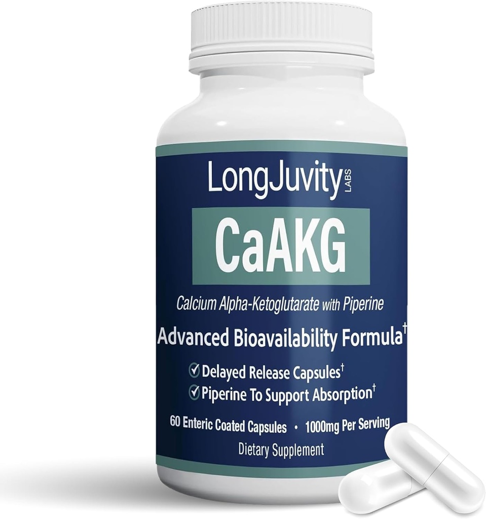 LongJuvity Calcium Alpha-Ketoglutarate Time Release AKG Supplement (1.000mg ανά υπηρεσία) - Υγεία των οστών, Αντιγήρανση & μακροζωία - Independently Lab Tested (60 Enteric Coated Capsules)