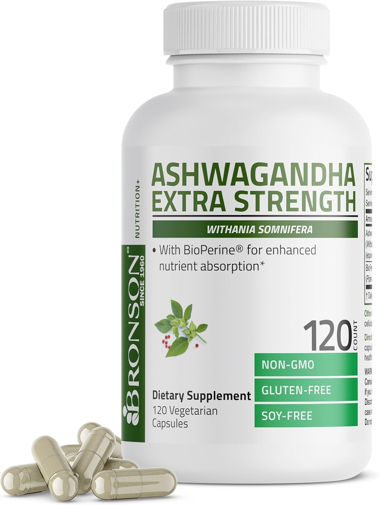Bronson Ashwagandha Extra Strength Stress & Mood Support with BioPerine - Μη ΓΤΟ Formula, 120 κάψουλες χορτοφάγων