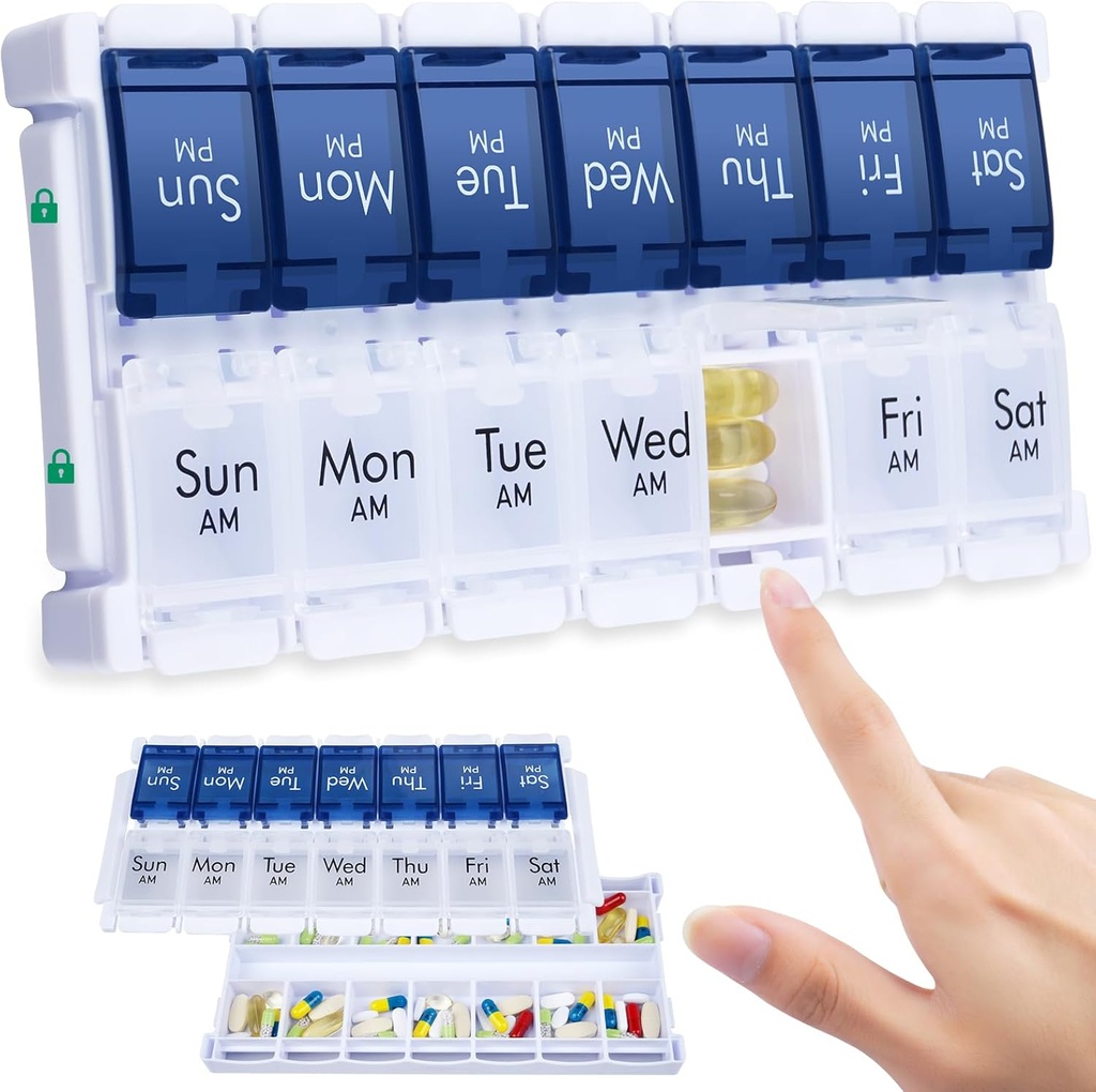 MERICARGO Weekly Pill Organizer 2 φορές την ημέρα, Easy Fill Large Pill Box 7 Day, Am Pm Medicine Organizer, Push Button Καθημερινή περίπτωση χάπια για βιταμίνη, ιχθυέλαιο, συμπληρώματα