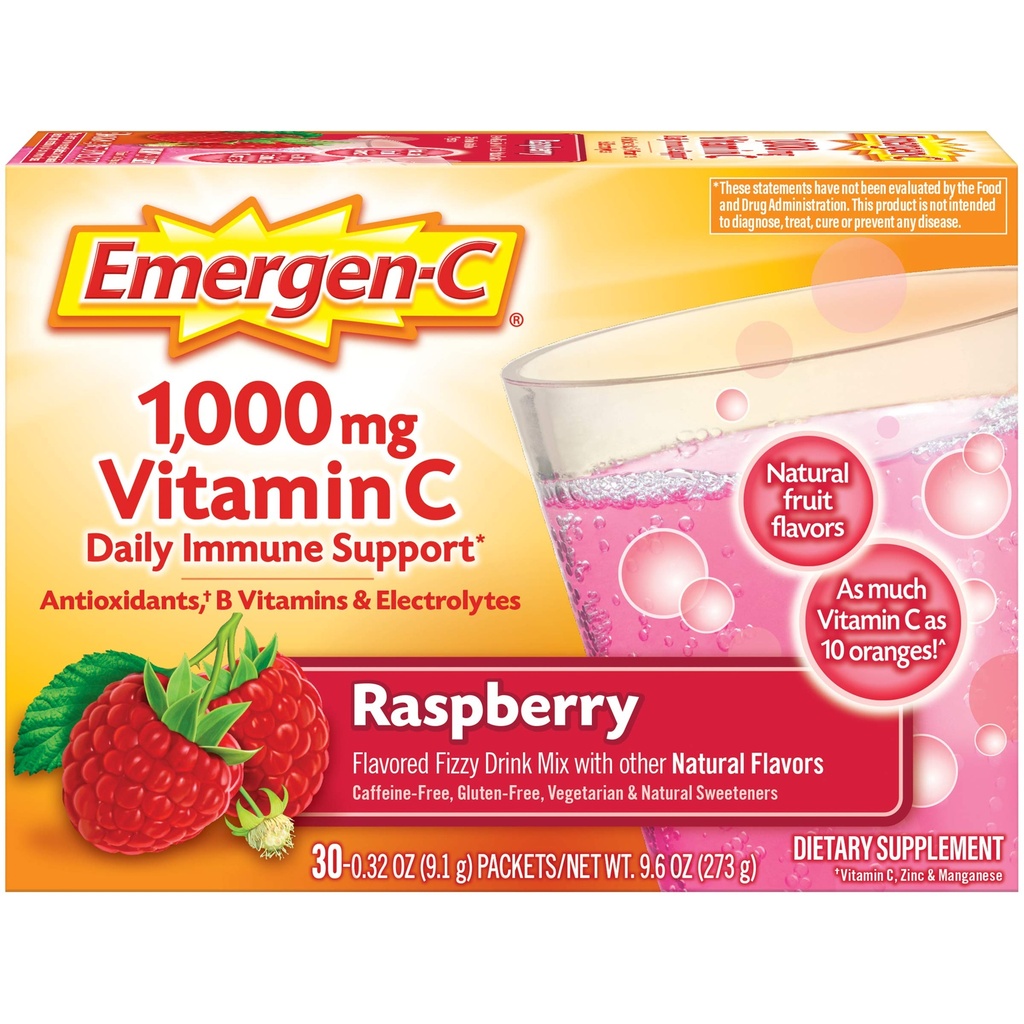 Emergen-C 1000mg Βιταμίνη C Ανοσοποιητική υποστήριξη σκόνη σμέουρων 30CT περιλαμβάνει ψευδάργυρο, μαγγάνιο, 7 Β Βιταμίνες και ηλεκτρολύτες για Back to School Essentials