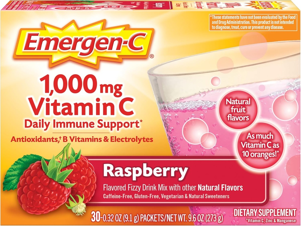 Emergen-C 1000mg Vitamin C Immune Support Powder Raspberry 30CT includes Zinc, Manganese, 7 B Vitamins and Electrolytes for Back to School Essentials