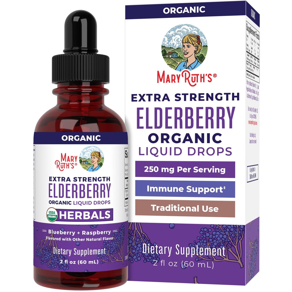 MaryRuth Organics Elderberry Syrup Extra Strength, USDA Organic Elderberry, Sugar Free Adults & Kids Ανοσοποιητική Υποστήριξη για Ηλικίες 1+, Clean Label Project Επαληθευμένο®, Vegan, Χωρίς Γλουτένη, 2 Fl Oz