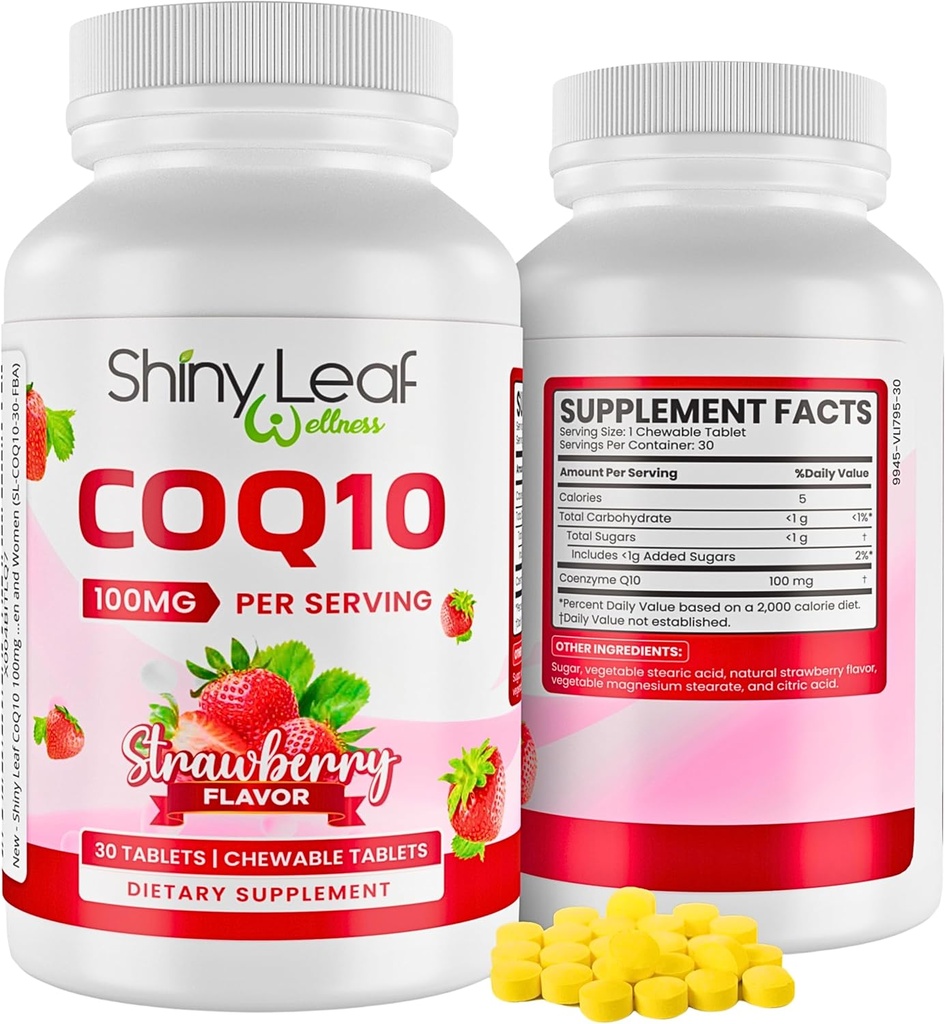 Shiny Leaf CoQ10 100mg - Chewable CoQ10 Supplement - Συνένζυμο Q10 για την Υγεία της Καρδιάς & Ενέργειας - Φυσικό Co Q 10 Συμπλήρωμα - Για την Καρδιαγγειακή Ευεξία - 100mg Μασώμενα Δισκία, 30 δισκία, Κατασκευασμένο στις ΗΠΑ