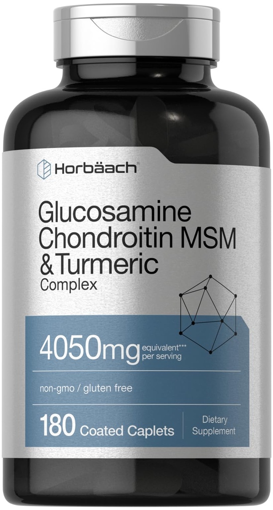 Horbäach Glucosamine Chondroitin MSM | 180 Caplets | with Turmeric | Triple Strength Formula | Non-GMO & Gluten Free Supplement