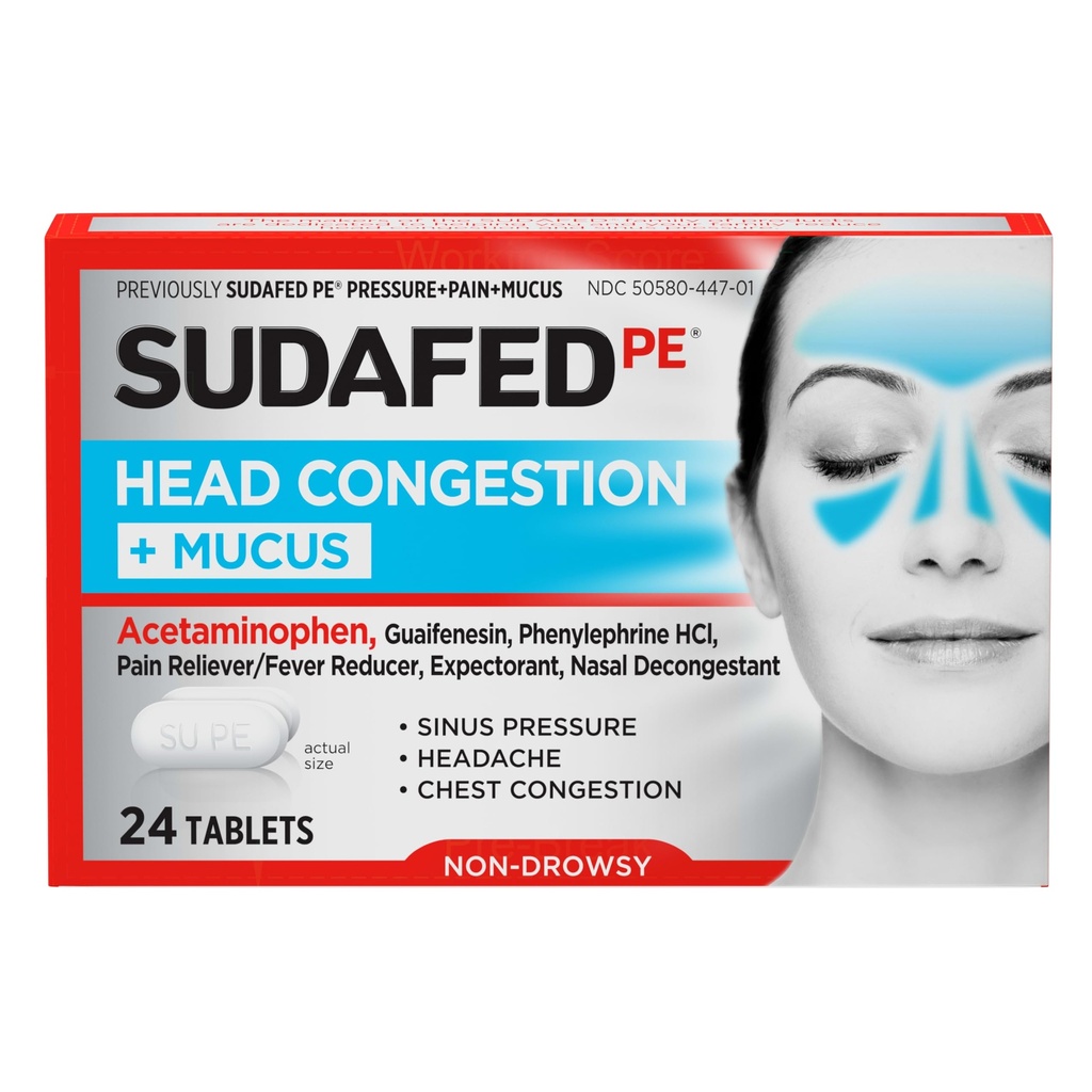 Sudafed PE Κεφαλή Συμφόρησης + Mucus Relief Tablets για την πίεση, τη συμφόρηση, & τον πονοκέφαλο, μη υπνηλία Αποσυμφορητικό με Acetaminophen, Guaifenesin & Phenylefrine HCI, 24 ct