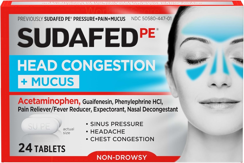 Sudafed PE Κεφαλή Συμφόρησης + Mucus Relief Tablets για την πίεση, τη συμφόρηση, & τον πονοκέφαλο, μη υπνηλία Αποσυμφορητικό με Acetaminophen, Guaifenesin & Phenylefrine HCI, 24 ct