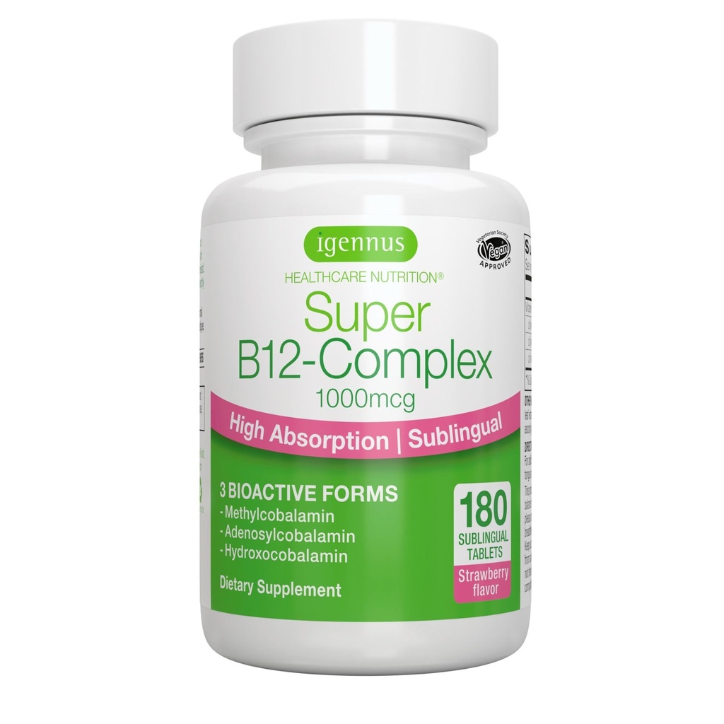 Igennus Υπογλώσσια Βιταμίνη B12 Συγκρότημα 1000mcg, Μεθυλοκοβαλαμίνη, Αδενοσυλοκοβαλαμίνη & Υδροξοκοβαλαμίνη, Υψηλή Απορρόφηση & Καθαρή, 180 Σερβιέτες, Χωρίς ζάχαρη & Vegan