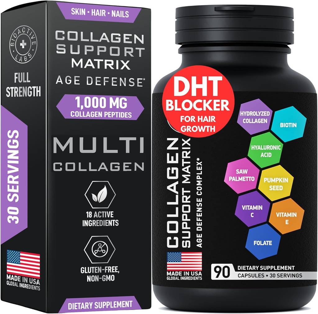 Age Defense Beauty Collagen Matrix - 2.000mg Multi Collagen Biotin Keratin Hyaluronic Acid Saw Palmetto Vitamin C Supplement Complex - DHT Blocker για άνδρες & γυναίκες για την ανάπτυξη των μαλλιών - 90 Gluten-free Caps