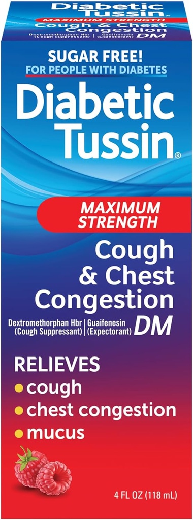 Diabetic Tussin DM Maximum Strength Cough and Chest Congestion Relief Liquid Cough Syrup, Safe for Diabetics, Berry Flavored, 4 Fl Oz (Pack of 1)