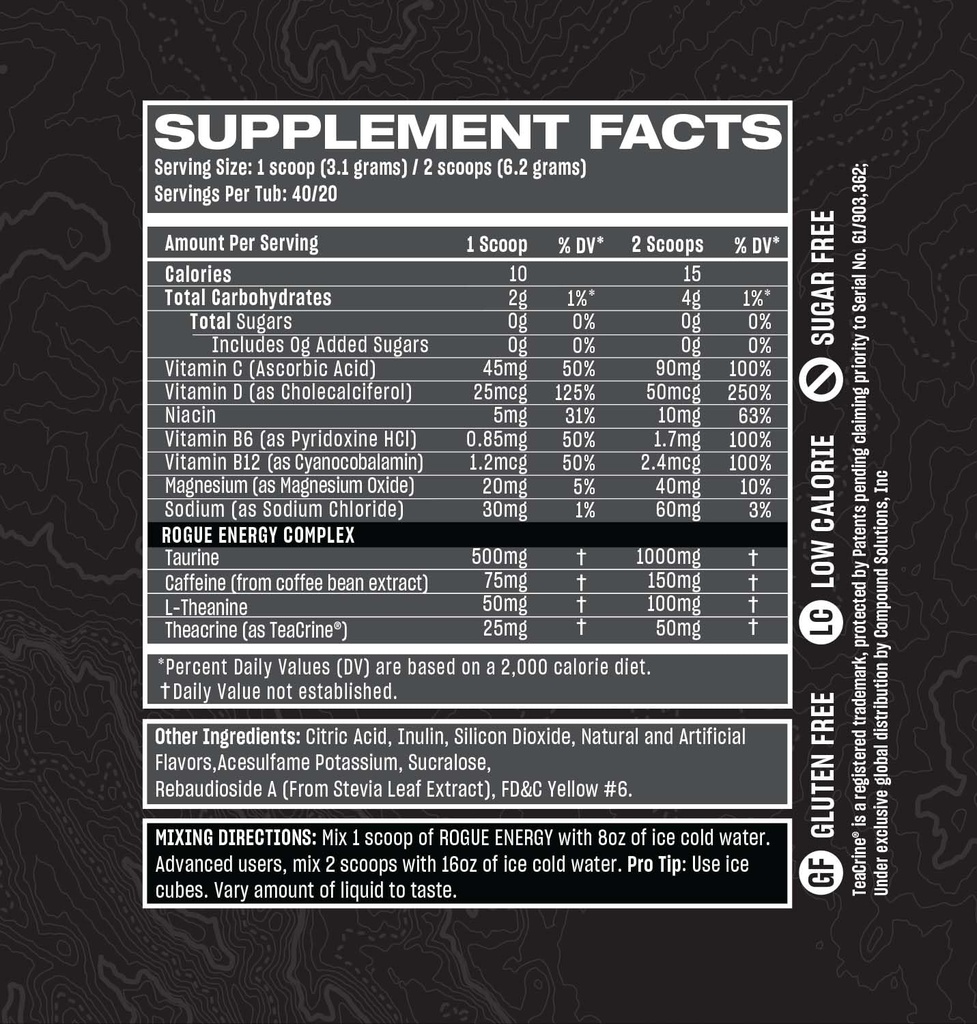 Rogue Energy Drink Powder for Long Gaming Hours - Energy Powder for Mental Focus - Ζάχαρη & Γλουτένη Δωρεάν - Συμπλήρωμα Παιχνιδιών με καφεΐνη & Βιταμίνες - Made in USA (Blood Orange - 40 Servings)