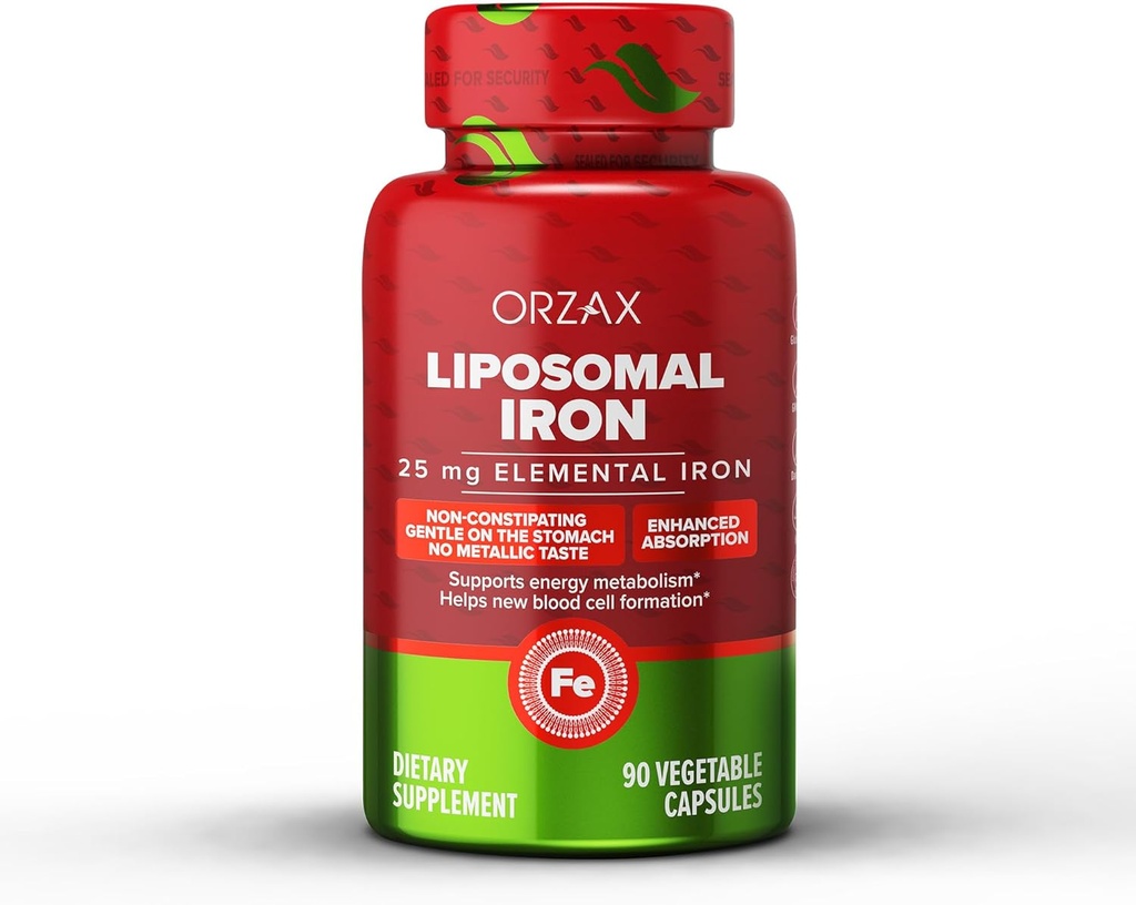 ORZAX Iron Supplement 25 mg -Liposomal Technology - Υψηλή βιοδιαθεσιμότητα 90 κάψουλες λαχανικών, Βοηθά την παραγωγή νέων κυττάρων αίματος, μη-Costipating, Non-GMO & Gluten Free, για γυναίκες, άνδρες, ενήλικες