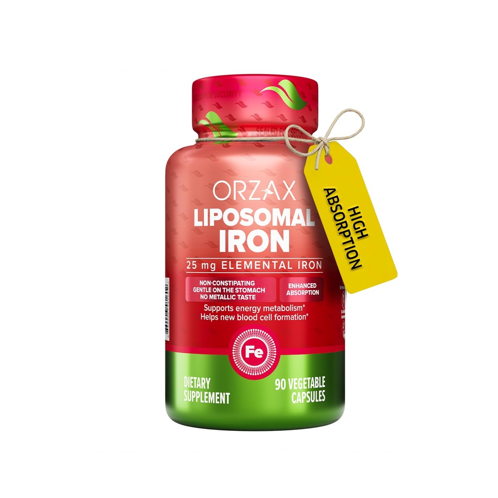 ORZAX Iron Supplement 25 mg -Liposomal Technology - Υψηλή βιοδιαθεσιμότητα 90 κάψουλες λαχανικών, Βοηθά την παραγωγή νέων κυττάρων αίματος, μη-Costipating, Non-GMO & Gluten Free, για γυναίκες, άνδρες, ενήλικες