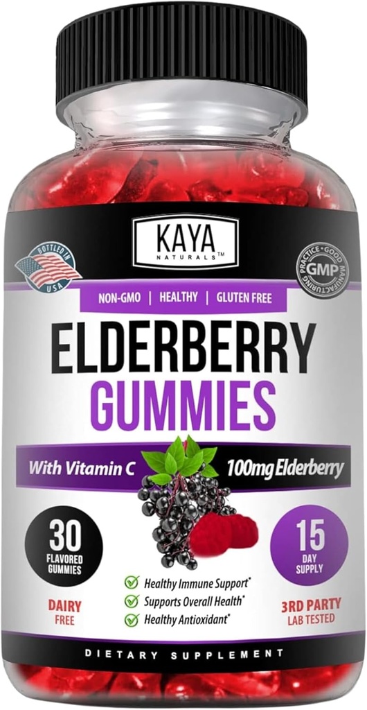 Kaya Naturals Ανοσοποιητική υποστήριξη Χορτοφαγική Βιταμίνη Gummy, Ψευδάργυρος, Βιταμίνη C, Elderberry, Βιταμίνη Ε, Λεμόνι Γεύση (30 Gummies)