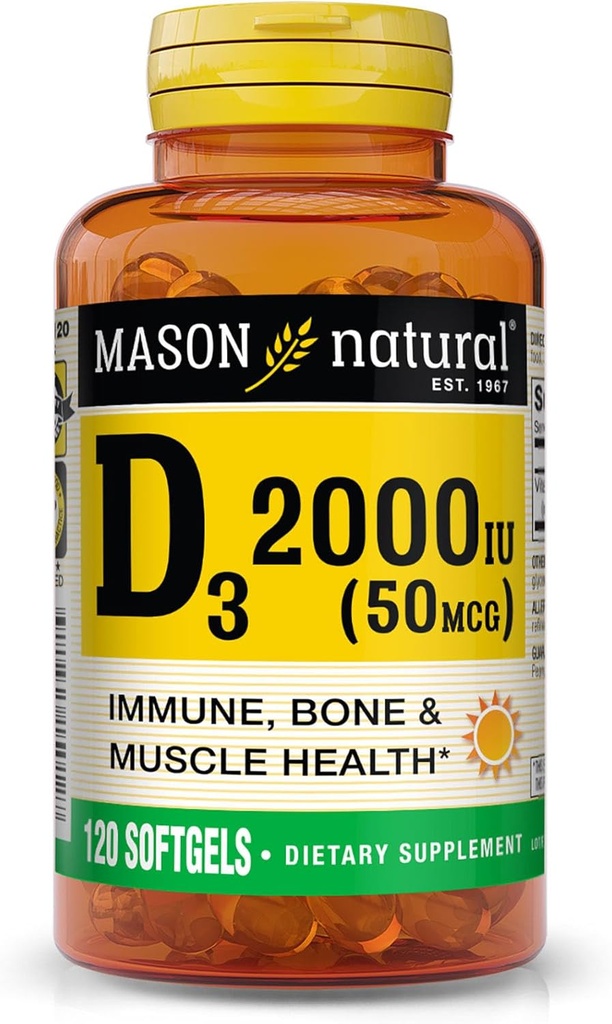 MASON ΦΥΣΙΚΗ Βιταμίνη D3 2.000 IU Ultra Strength, Υποστηρίζει την Οστική Πυκνότητα, Δύναμη & Ανοσολογική Υγεία, 120 Softgels
