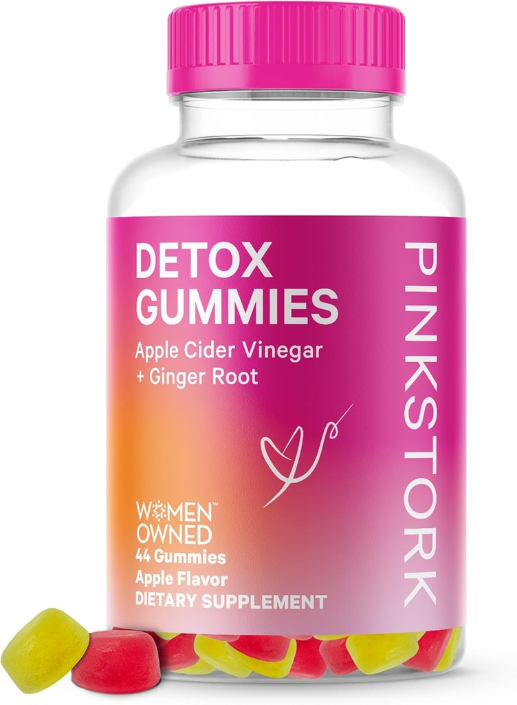 Pink Stork Detox Gummies, Apple Cider Vinegar Gummies με Ginger για να βοηθήσει στην υποστήριξη Bloating, Gut Health and Digestion, Chewable ACV Gummies - 44 Count, 1 πακέτο, 0,3 κιλά