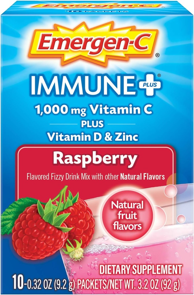 Emergen-C Ανοσοποιητικό+ Βιταμίνη C 1000mg Κόνις, Plus Βιταμίνη D και ψευδάργυρος (Raspberry Flavor), Συμπλήρωμα διατροφής υποστήριξης Izzy Drink Mix, Αντιοξειδωτικά & Ηλεκτρολυτικά, 0,32 Ουγγιά (Pack of 10)